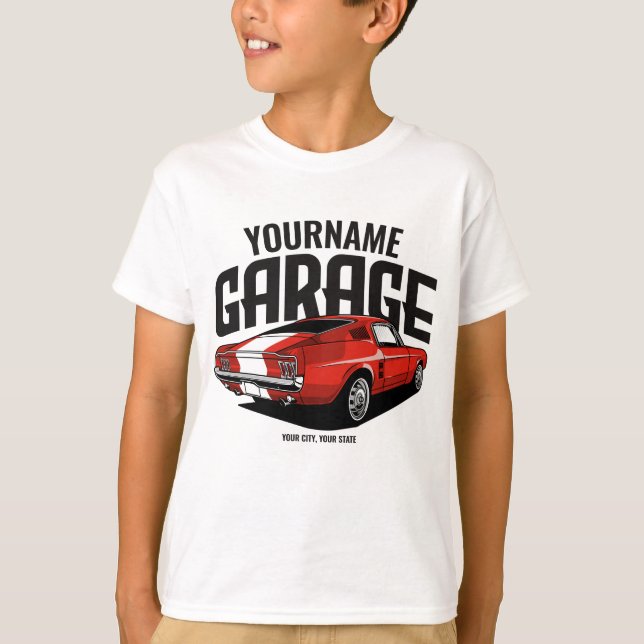 Camiseta Carro Muscular Personalizado, 1967, Garagem Vermel (Frente)