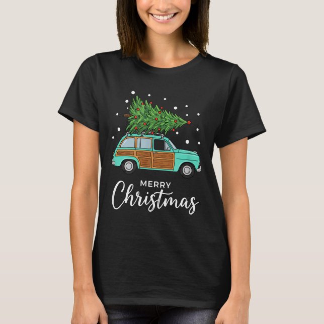 Camiseta Carro Retrô de Natal Com Árvore de Natal - Feliz N (Frente)