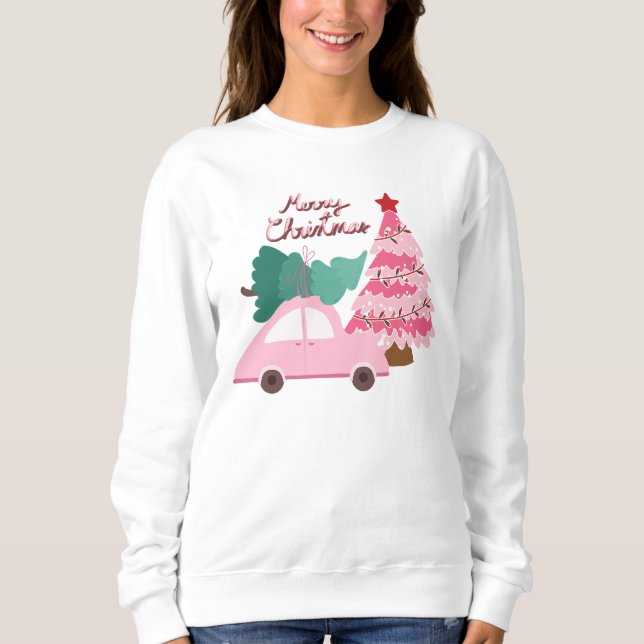 Camiseta Carro rosa e verde com árvore de Natal (Frente)