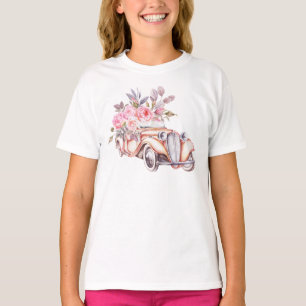 Camiseta Carro vintage Floral Cor de Água Rosa de Paris