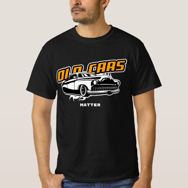 Camiseta Carros Antigos Importam Dourado Gráfico Baixo e En (Frente)
