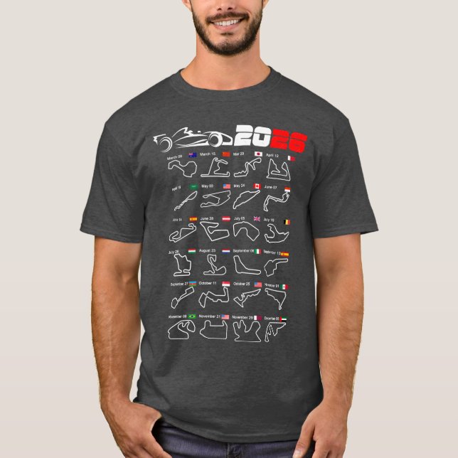 Camiseta Carros de Fórmula do Calendário Circuitos 2026 v2 (Frente)