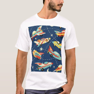 Camiseta Carros Espaciais: Azul Escuro Vintage.