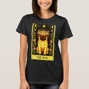 Camiseta Carta de Pug de Tarot Coroa Floral Sol Lua Estrela