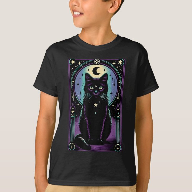 Camiseta Carta de Tarot Lua Crescente Gato Preto Amante Tar (Frente)