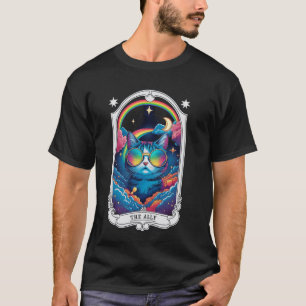Camiseta Carta de Tarot O Aliado Gato Psicodélico Arco-íris