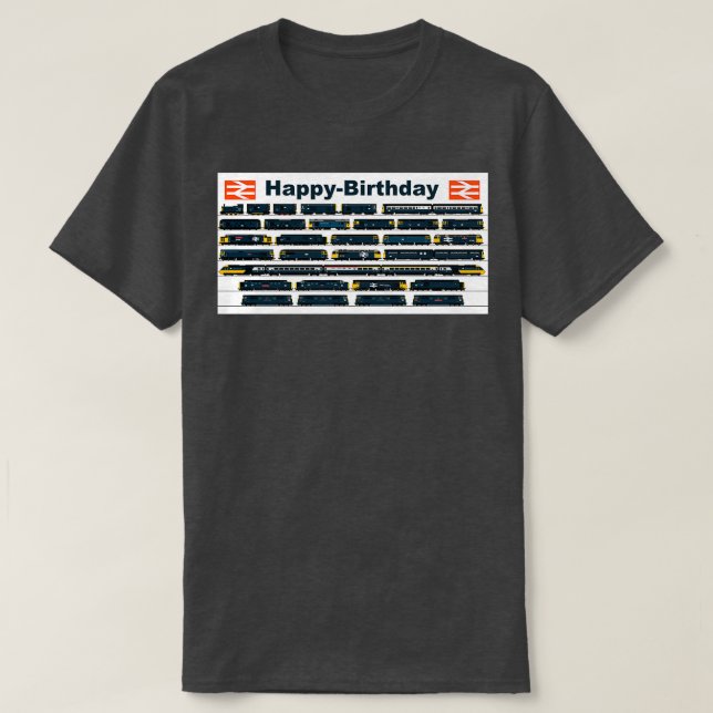 CAMISETA CARTÃO DE ANIVERSÁRIO BRITÂNICO AZUL LOCOMOTIVAS A (Frente do Design)