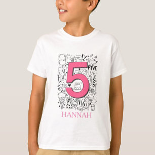 Camiseta Cartão de aniversário cor-de-rosa com 5 de cinco a