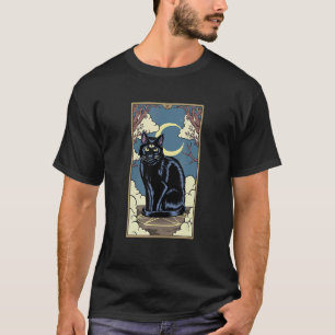 Camiseta Cartão de Tarot Gato Preto de Três Olhos Lua Cresc