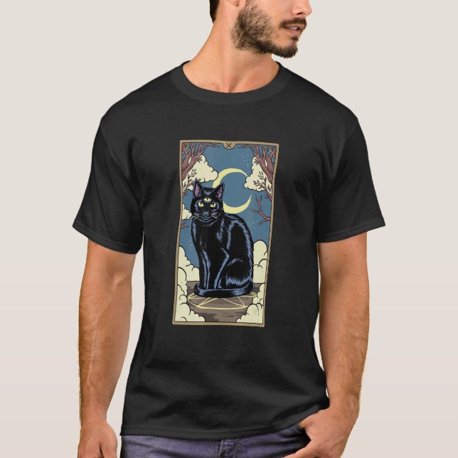 Camiseta Cartão de Tarot Gato Preto de Três Olhos Lua Cresc (Frente)