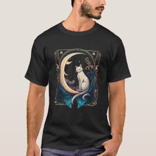Camiseta Cartão de Tarot Lua Crescente e Gráfico de Gato