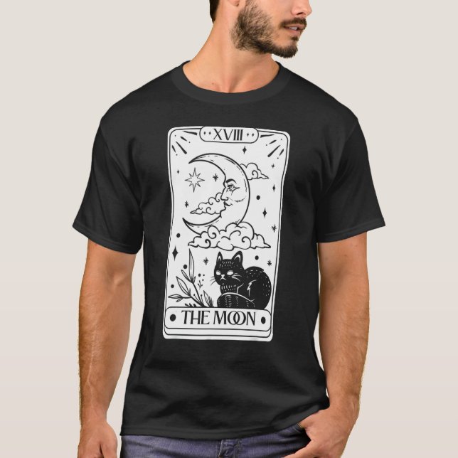 Camiseta Cartão de Tarot Lua Crescente e Gráfico de Gato 1 (Frente)