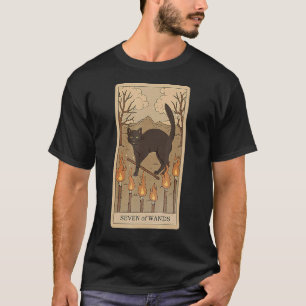Camiseta Cartão de Tarot Sete de Paus e Gato Gráfico Cósmic