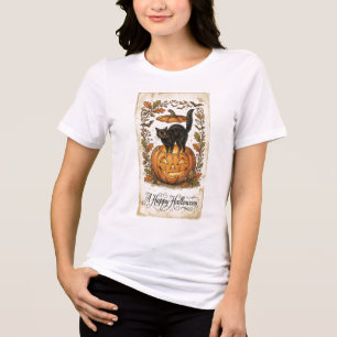 Camiseta Cartão Postal Vintage de Halloween Gato Jack O Lan