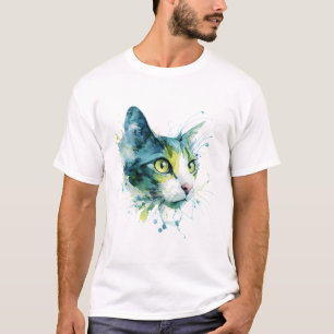 Camiseta Cartaz de Arte Abstrata com Rosto de Gato em Aquar