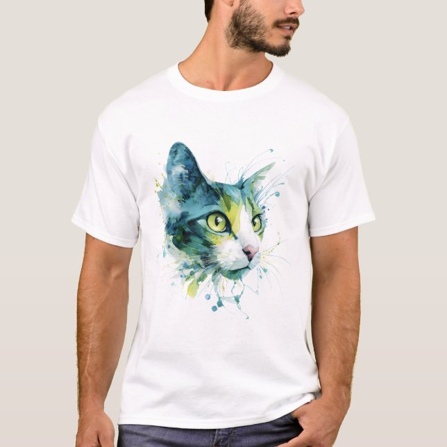 Camiseta Cartaz de arte abstrata com rosto de gato em aquar (Frente)