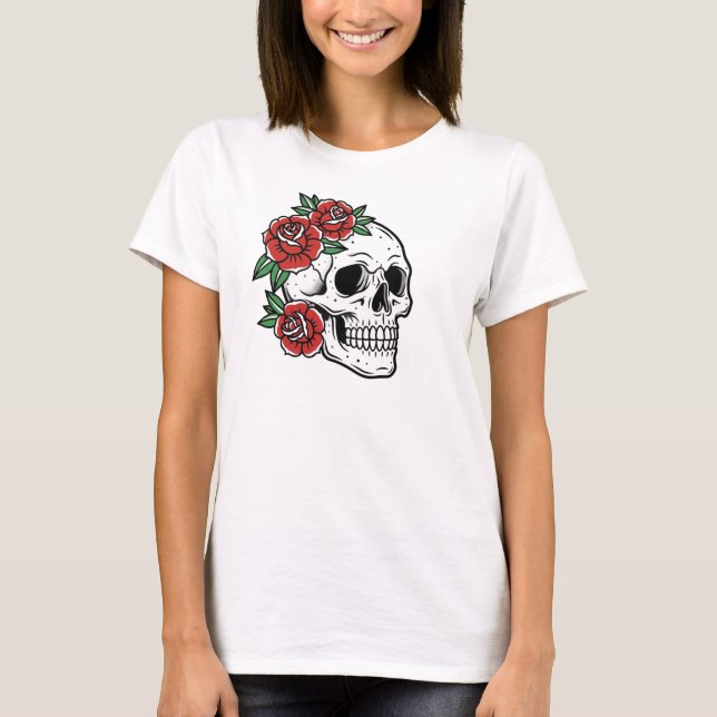 Camiseta Cartaz de Crânio de Açúcar com Rosas Vermelhas (Frente)