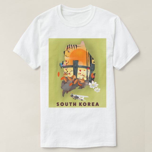 Camiseta Cartaz de mapa ilustrado da Coreia do Sul (Frente do Design)