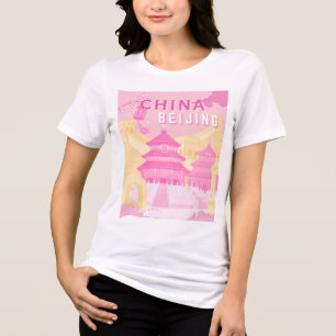 Camiseta Cartaz de Viagem de Pequim China Arte Rosa e Ama