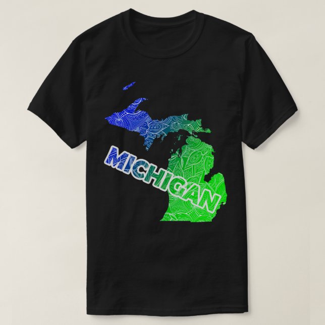 Camiseta Cartografia colorida da mandala de Michigan com te (Frente do Design)