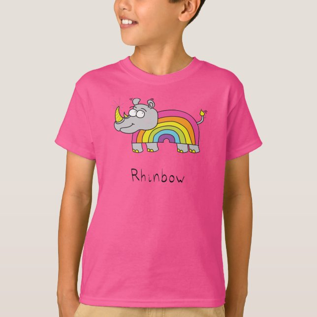 Camiseta Cartografia Engraçado Rhino Rainbow Cute Kids (Frente)