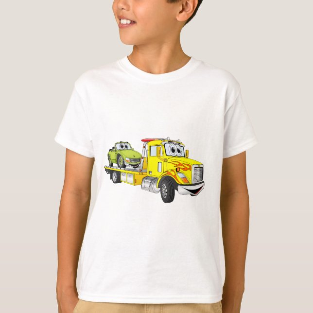 Camiseta Cartoon Amarelo Flatbed Tow Truck (Frente)
