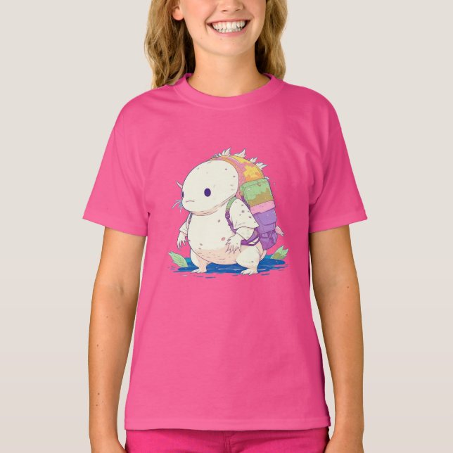 Camiseta Cartoon Axolotl Kawaii de volta à escola (Frente)