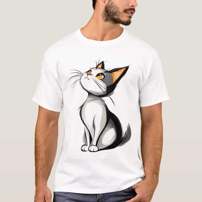 Camiseta Cartoon Black and White Cat Sitting Illustration (Frente)