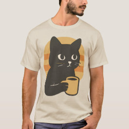 Camiseta Cartoon Black cat segurando uma caneca de café