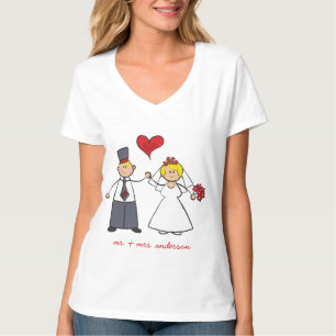 Camiseta Cartoon Casal Noiva e Coração Vermelho de Groom