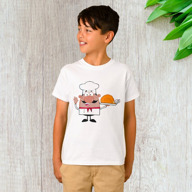 Camiseta Cartoon Chef Holding Roast Turkey (Criador carregado)