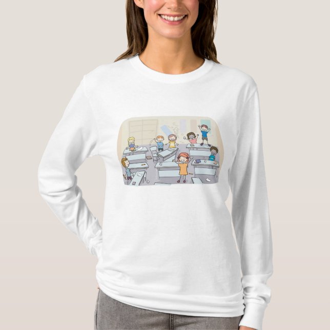 Camiseta Cartoon Classroom Chaos With Wild Students (Frente)