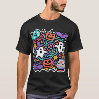 Camiseta Cartoon Colorida Halloween Fantasmas e Pumpkins T-