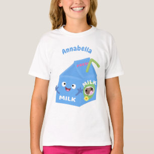 Camiseta Cartoon de cartonagem de leite feliz e bonito