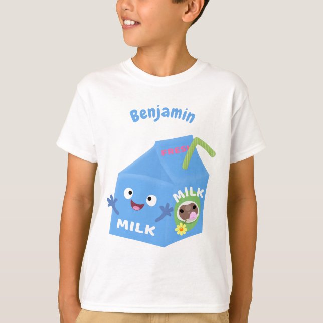 Camiseta Cartoon de cartonagem de leite feliz e bonito (Frente)