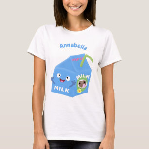 Camiseta Cartoon de cartonagem de leite feliz e bonito