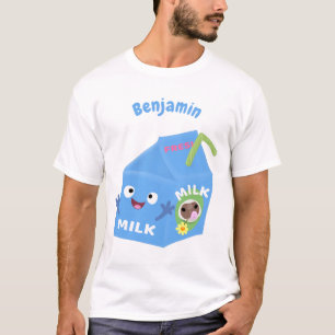 Camiseta Cartoon de cartonagem de leite feliz e bonito