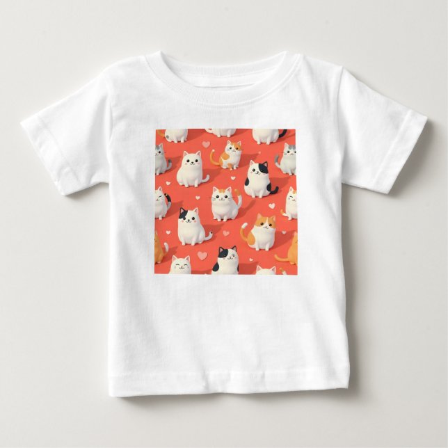 Camiseta Cartoon de Gato de Kawaii Bonito Padrão Sem Costur (Frente)