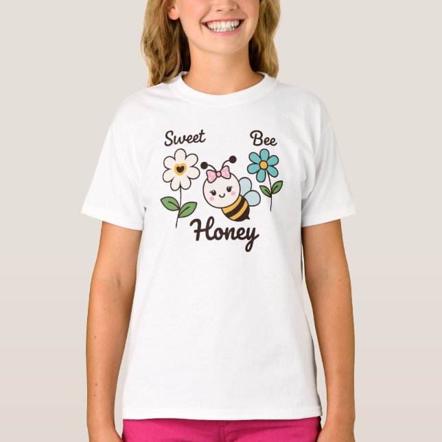 Camiseta Cartoon de Mel de Abelhas Bonitas com Flores (Frente)