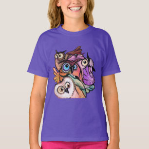 Camiseta Cartoon de pintura de corujas coloridas, curiosas