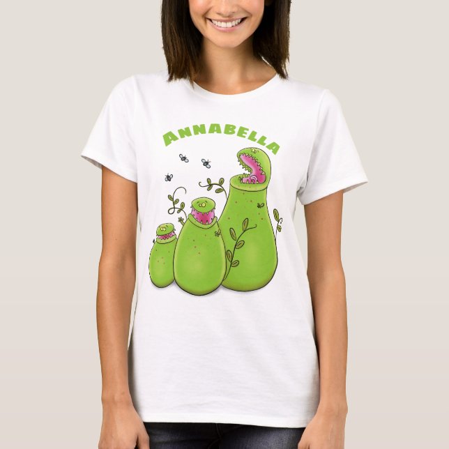 Camiseta Cartoon de plantas carnívoras verdes e engraçadas (Frente)