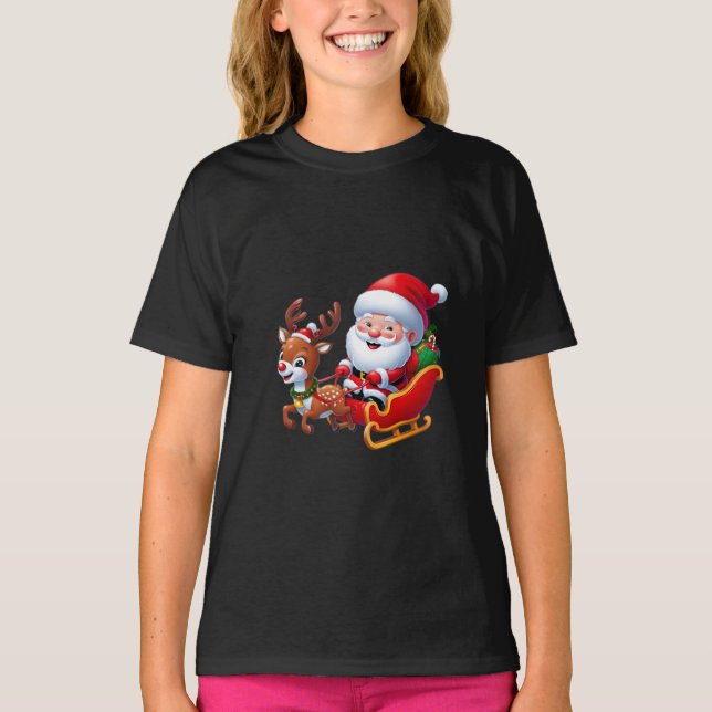 Camiseta Cartoon de Santa Claus & Reindeer - Garoto de Cami (Frente)