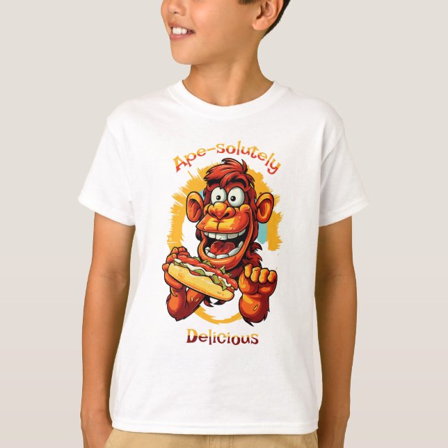 Camiseta Cartoon Design Monkey comendo cachorro quente (Frente)