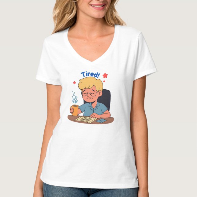 Camiseta Cartoon do Office Worker Cansado - Café e Trabalho (Frente)