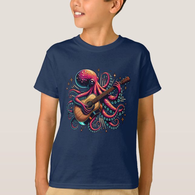 Camiseta Cartoon Engraçado Octopus Tocando Violão (Frente)