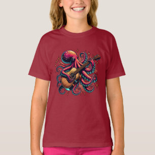 Camiseta Cartoon Engraçado Octopus Tocando Violão