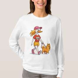 Camiseta Cartoon Engraçado Pato Andando Cachorrinho - Mulhe