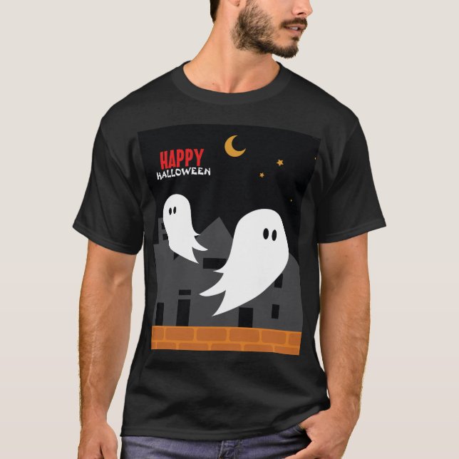 Camiseta Cartoon fantasma da cidade de Halloween (Frente)