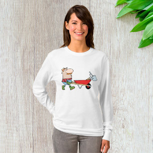 Camiseta Cartoon Farmer com Wheelbarrow e Ferramentas