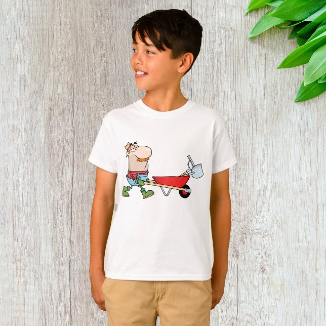 Camiseta Cartoon Farmer com Wheelbarrow e Ferramentas (Criador carregado)